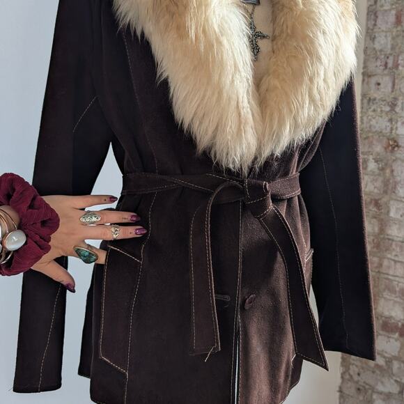 Vintage Brown Suede Penny Lane Jacket Belted Furry Leather Western Coat Medium - Picture 9 of 13